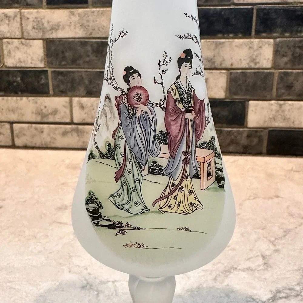 Vintage Frosted Glass Asian Bud Vase Gold Trim Geisha Landscape Twisted Stem 8in